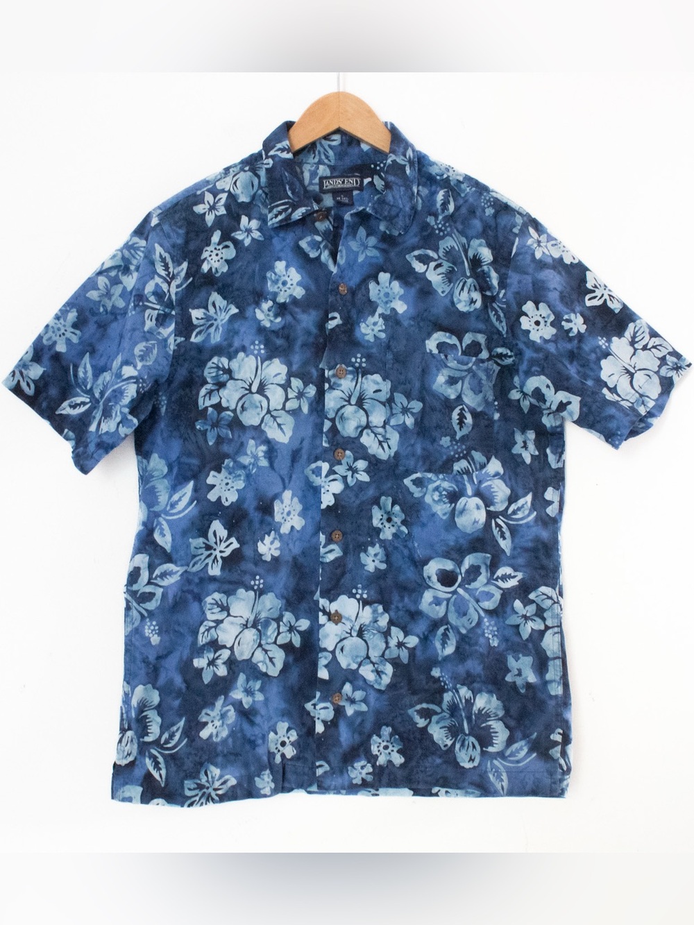 Lands' End | Vintage 90’s Navy & Light Blue Floral Tropical Camp Shirt | Size S